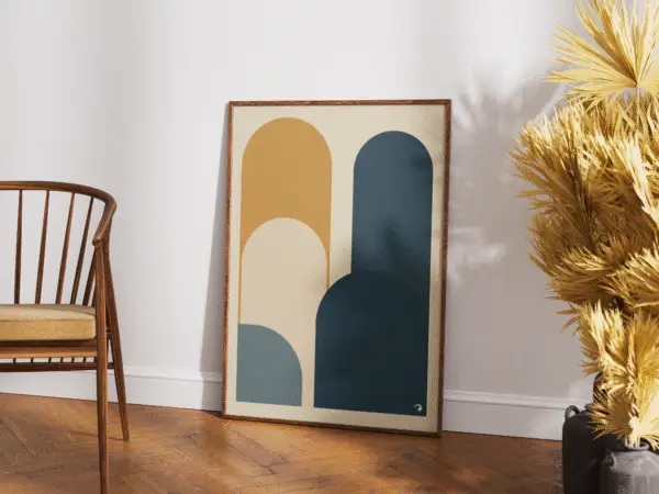 Affiche abstraite avec formes colorées.
